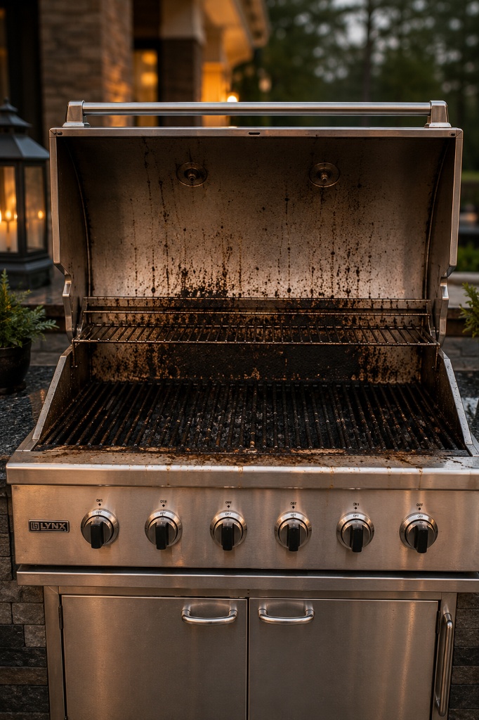 Before Pure Grate cleaning, a Lynx built-in grill with heavy grease, carbon buildup, and stained interior surfaces
