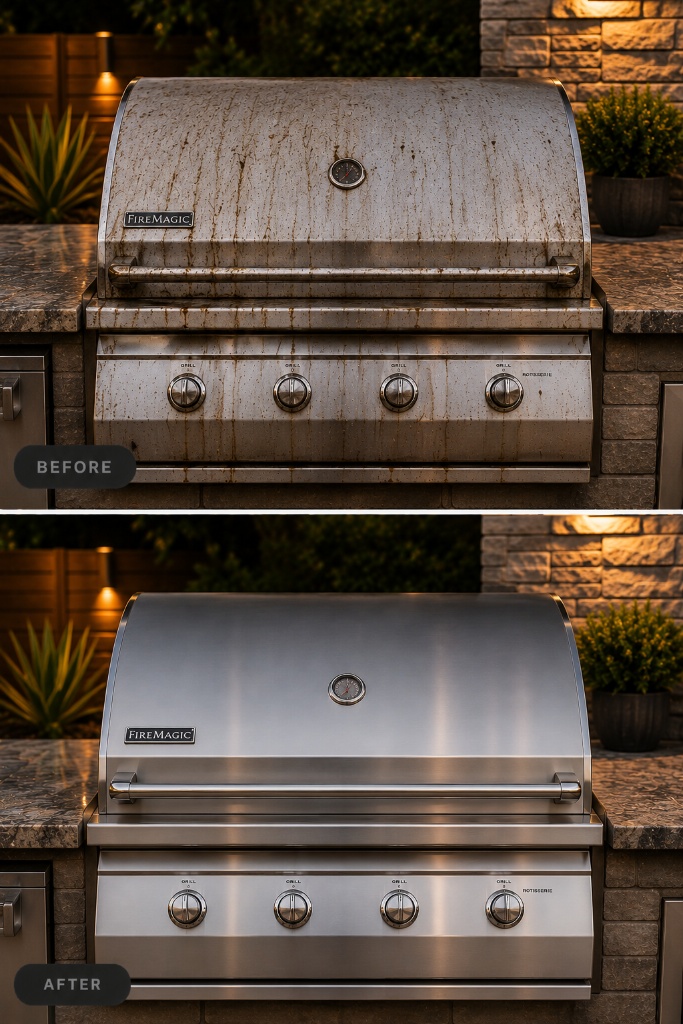 Fire Magic built-in stainless grill before and after Pure Grate restoration service