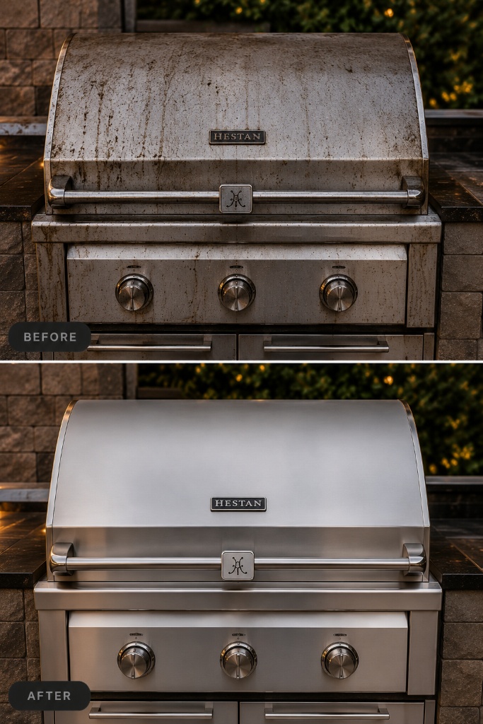 Hestan built-in grill before and after premium stainless cleaning and restoration