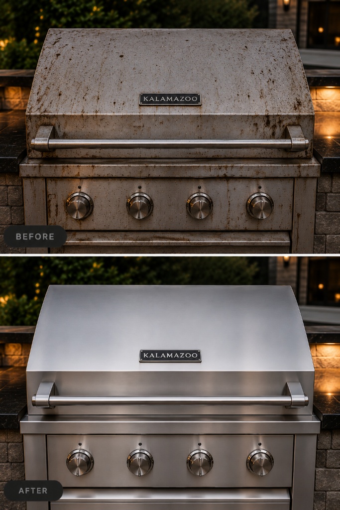 Kalamazoo luxury grill before and after stainless restoration and cleaning