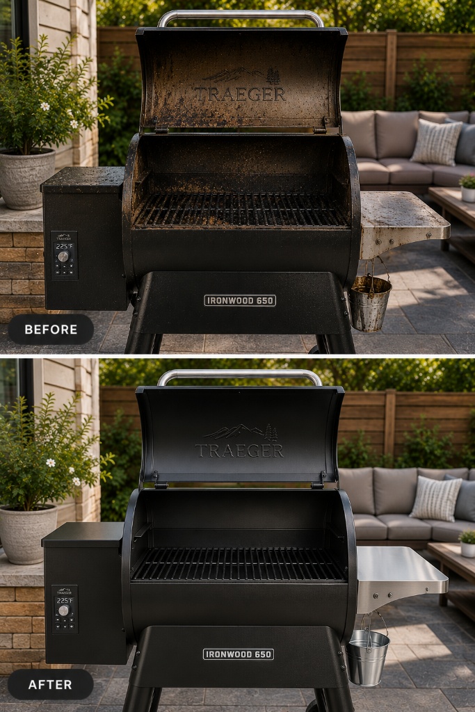 Traeger Ironwood pellet grill before and after Pure Grate cleaning and restoration