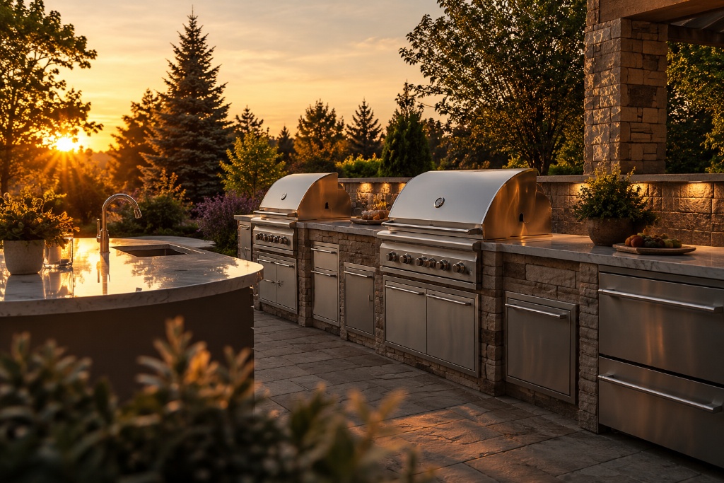 Luxury outdoor kitchen with stainless built-in grills at sunset