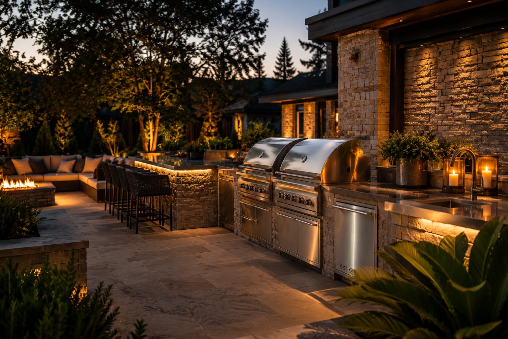 Luxury outdoor kitchen patio with stainless built-in grills, warm stone lighting, and evening lounge seating