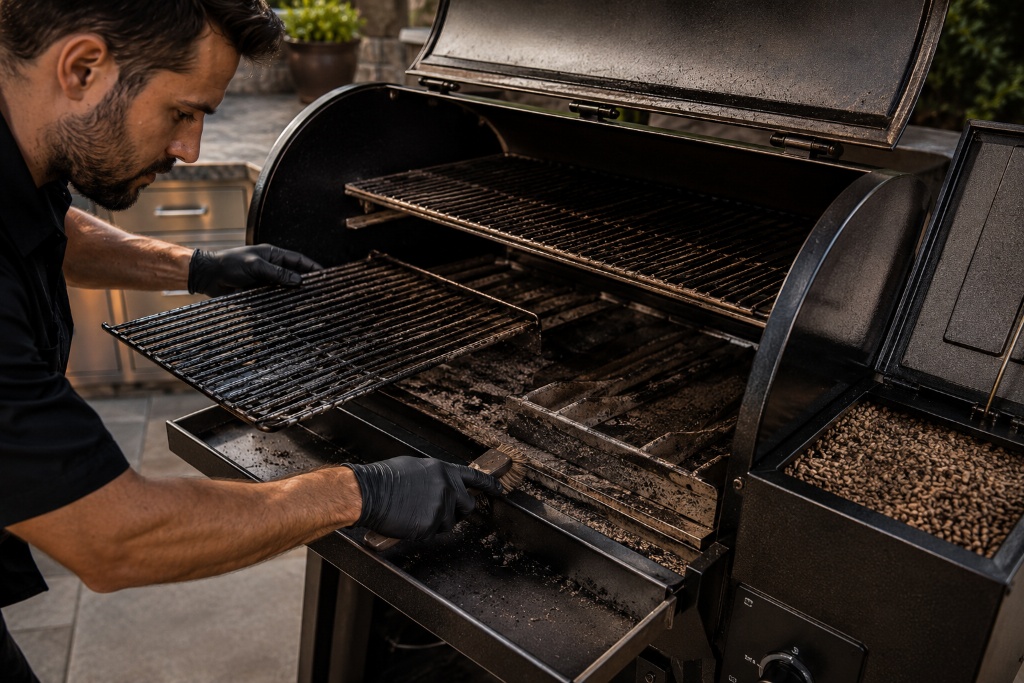 Technician wearing black gloves cleaning grates and ash from a pellet smoker during restoration service