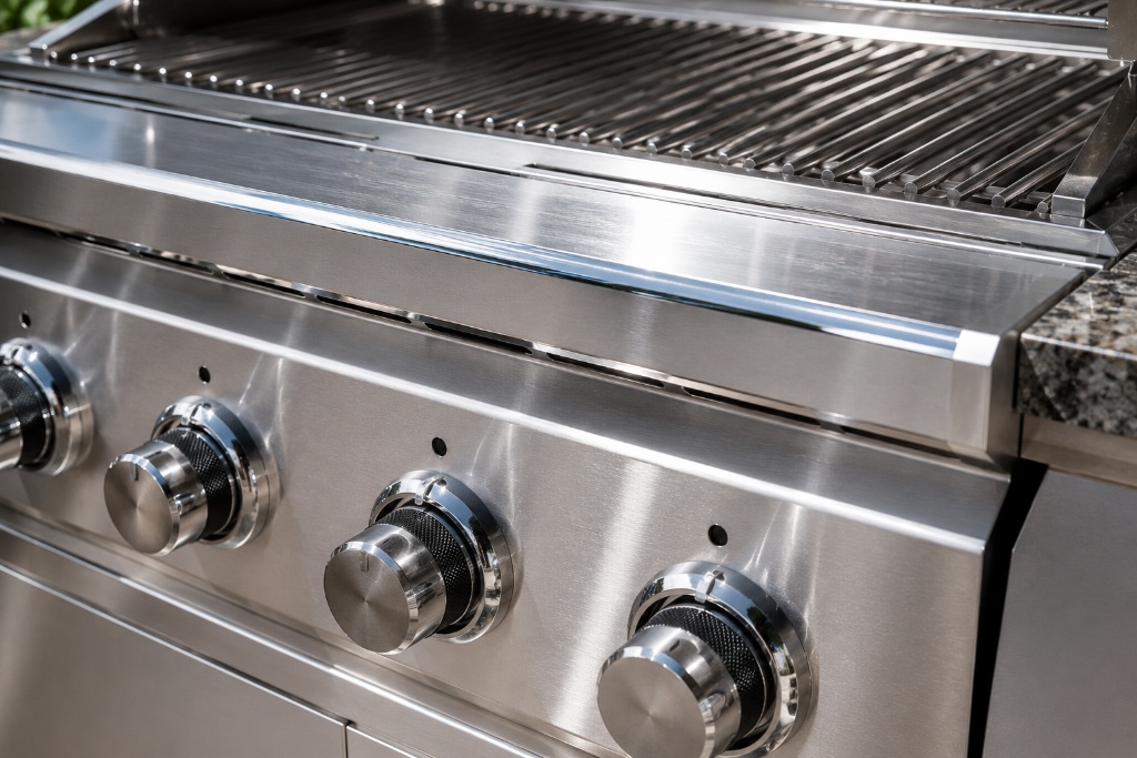 Close-up of premium stainless grill surfaces and cooking grates