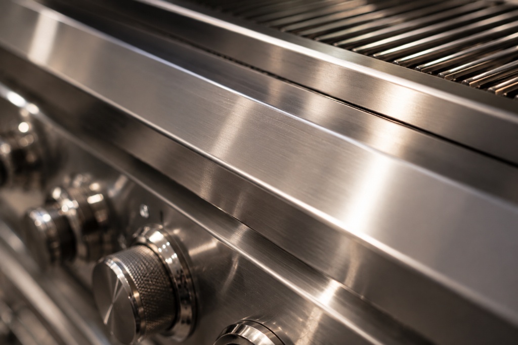 Close-up macro detail of polished stainless steel grill surface and grates