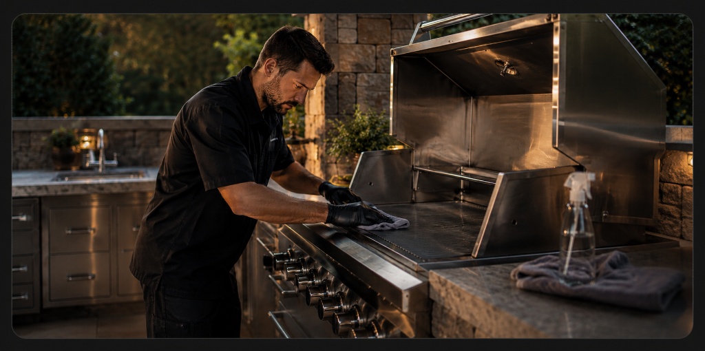 Technician cleaning a luxury stainless built-in grill in an outdoor kitchen