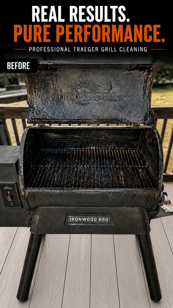 Traeger grill before Pure Grate professional cleaning with heavy grease and carbon buildup